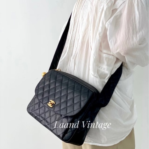 Chanel黑金菱格單肩包荔枝紋牛皮+金色雙C扣