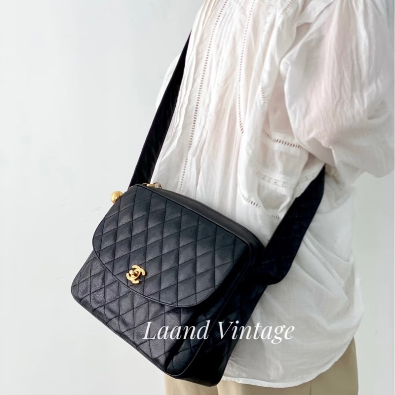 Chanel黑金菱格單肩包荔枝紋牛皮+金色雙C扣-0