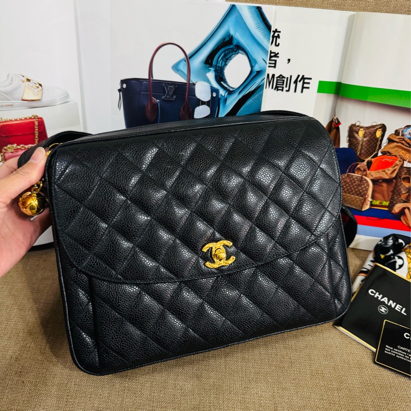 Chanel黑金菱格單肩包荔枝紋牛皮+金色雙C扣-4