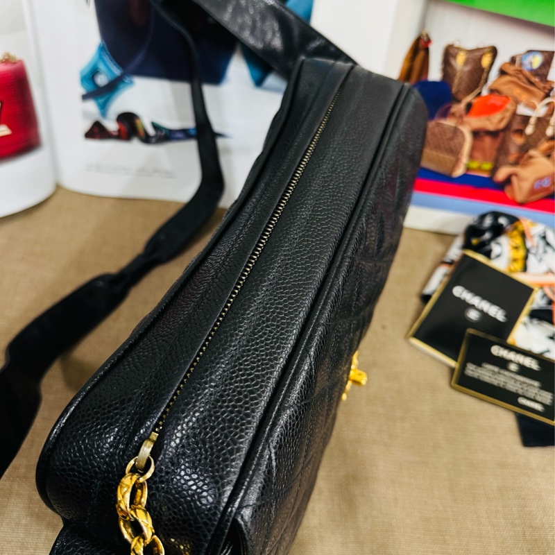 Chanel黑金菱格單肩包荔枝紋牛皮+金色雙C扣-5