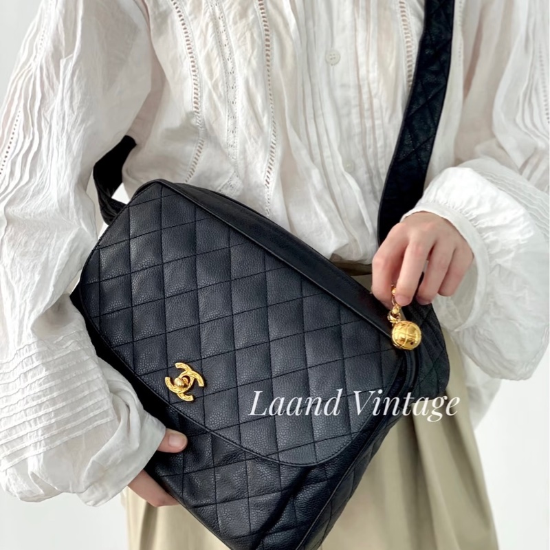 Chanel黑金菱格單肩包荔枝紋牛皮+金色雙C扣-11
