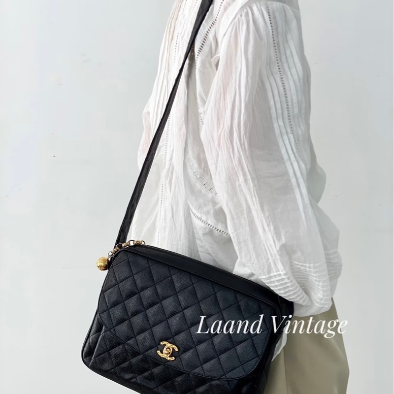 Chanel黑金菱格單肩包荔枝紋牛皮+金色雙C扣-12