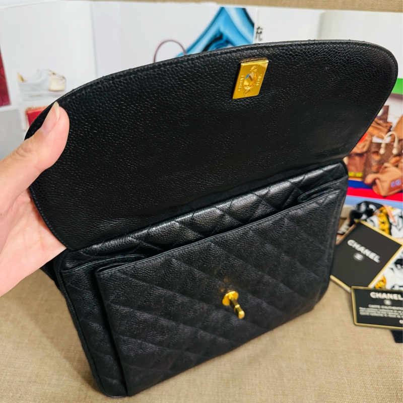 Chanel黑金菱格單肩包荔枝紋牛皮+金色雙C扣-23