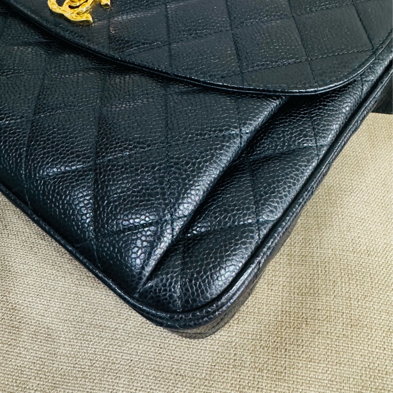 Chanel黑金菱格單肩包荔枝紋牛皮+金色雙C扣-26