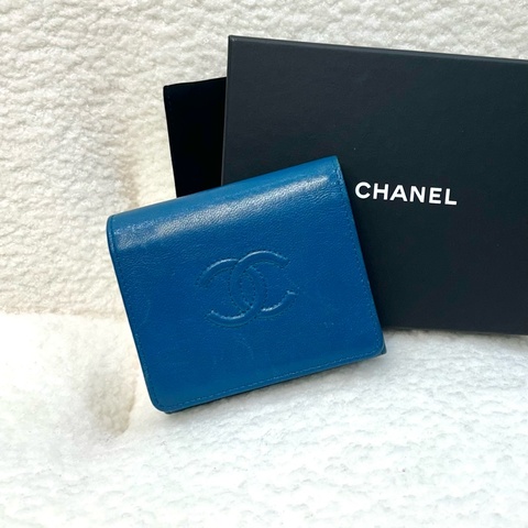 香奈兒短夾CHANEL藍綠色牛皮衍縫雙C金釦三折短夾