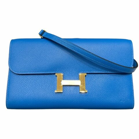 HERMES 愛馬仕 CONSTANCE TOGO 肩背康康長夾 皮革 藍色系 金釦 U刻