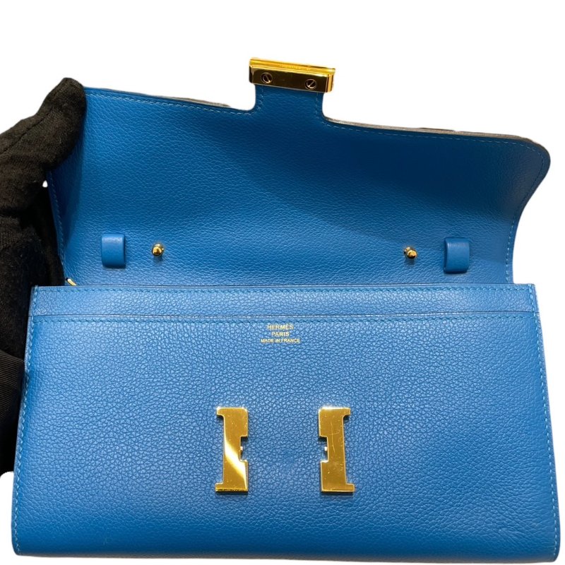 HERMES 愛馬仕 CONSTANCE TOGO 肩背康康長夾 皮革 藍色系 金釦 U刻-12