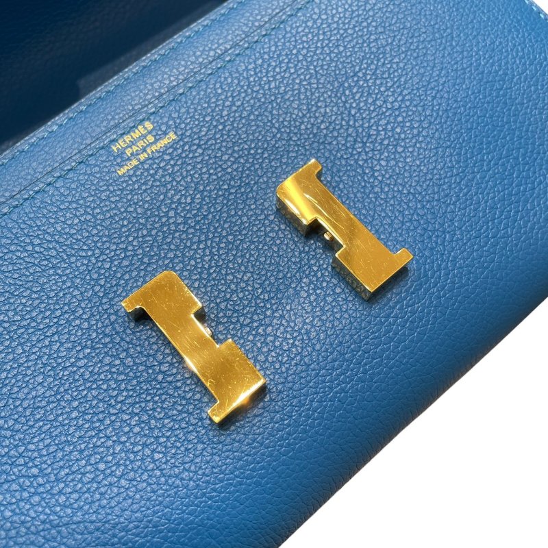 HERMES 愛馬仕 CONSTANCE TOGO 肩背康康長夾 皮革 藍色系 金釦 U刻-14