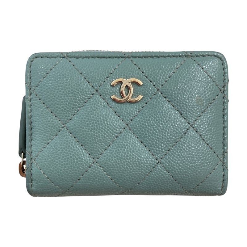 CHANEL 香奈兒 零錢卡夾 荔枝紋牛皮 灰綠色-0