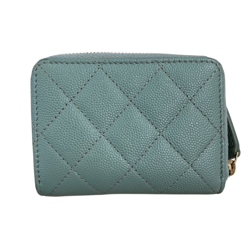 CHANEL 香奈兒 零錢卡夾 荔枝紋牛皮 灰綠色-1