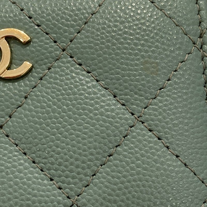 CHANEL 香奈兒 零錢卡夾 荔枝紋牛皮 灰綠色-8