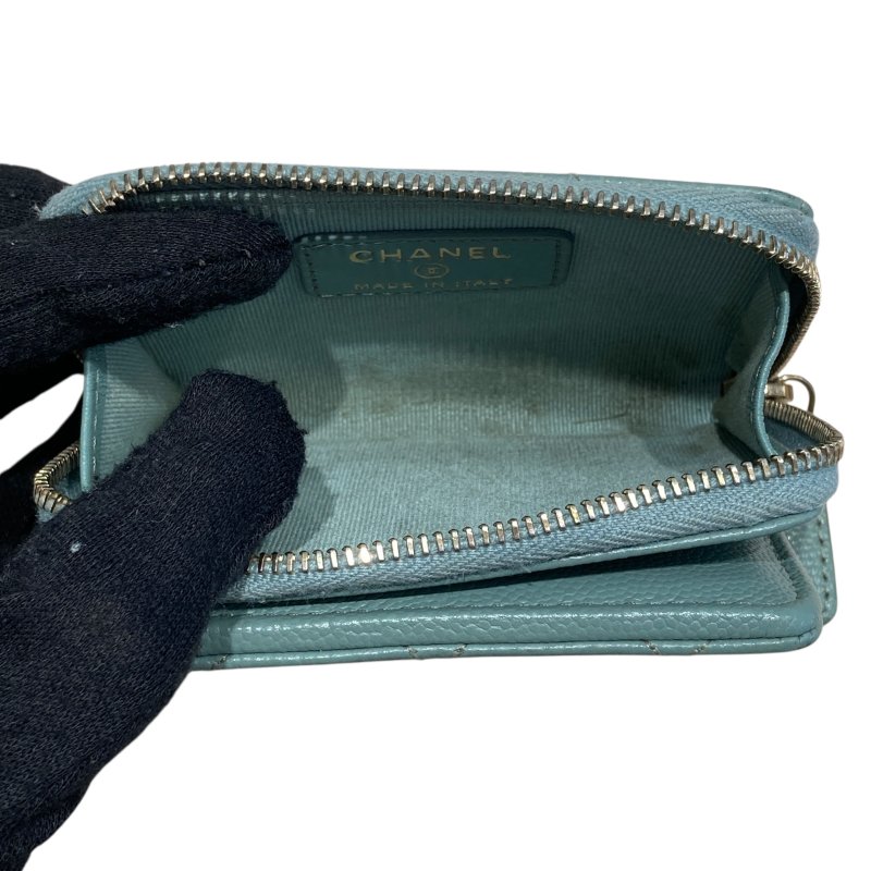 CHANEL 香奈兒 零錢卡夾 荔枝紋牛皮 灰綠色-9