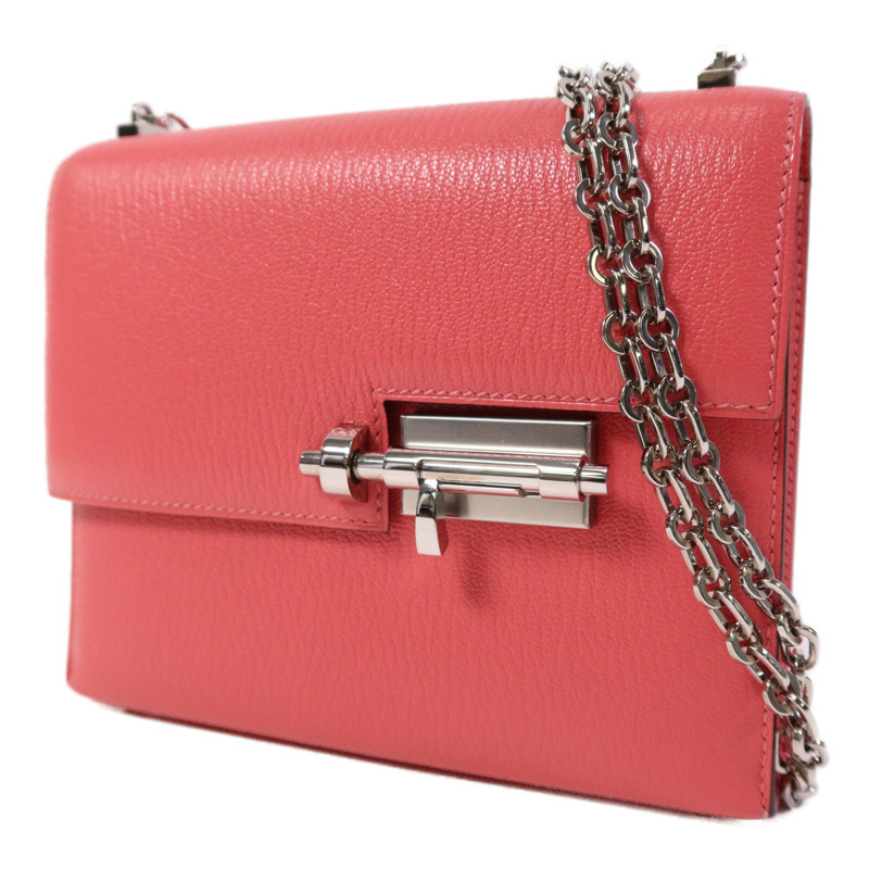 HERMES Chevre皮革Mini Verrou銀扣鏈帶肩背袋Rose Azalee-2