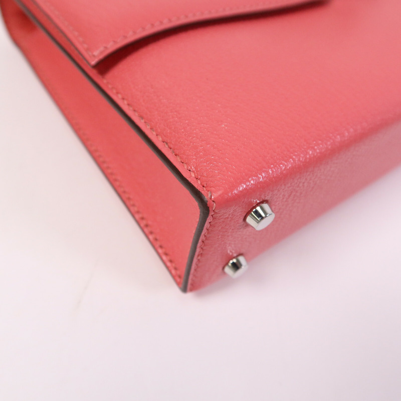 HERMES Chevre皮革Mini Verrou銀扣鏈帶肩背袋Rose Azalee-5