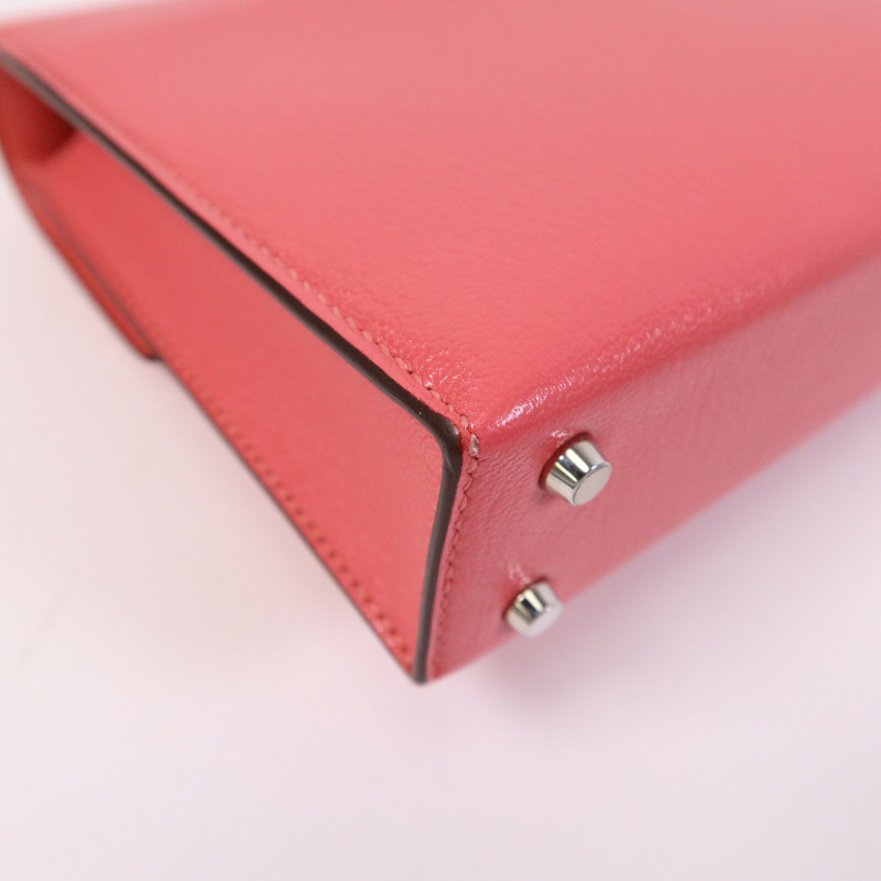 HERMES Chevre皮革Mini Verrou銀扣鏈帶肩背袋Rose Azalee-7