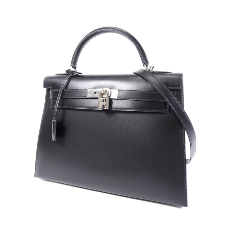 HERMES Box Calf皮革Kelly 32銀扣手挽肩背兩用袋Noir-2