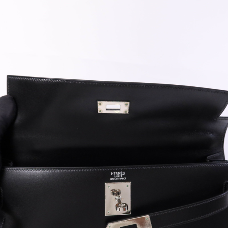 HERMES Box Calf皮革Kelly 32銀扣手挽肩背兩用袋Noir-10