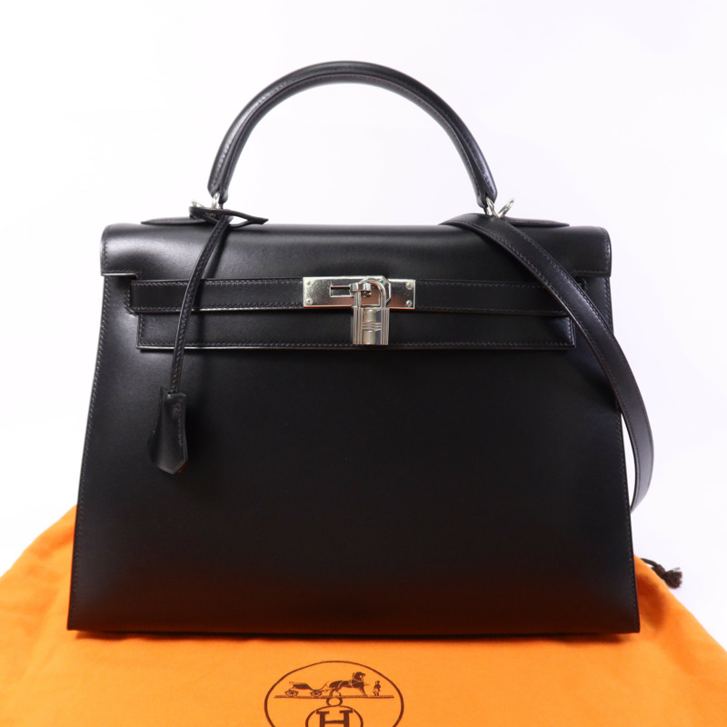 HERMES Box Calf皮革Kelly 32銀扣手挽肩背兩用袋Noir-14