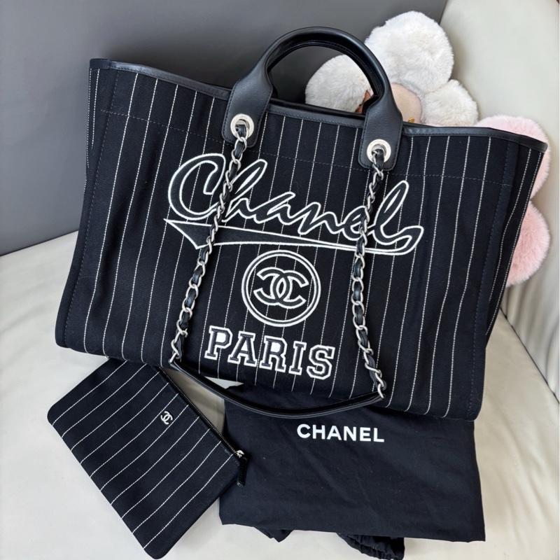 Chanel 23P黑白條紋沙灘包 芯片款 尺寸約40×31-0