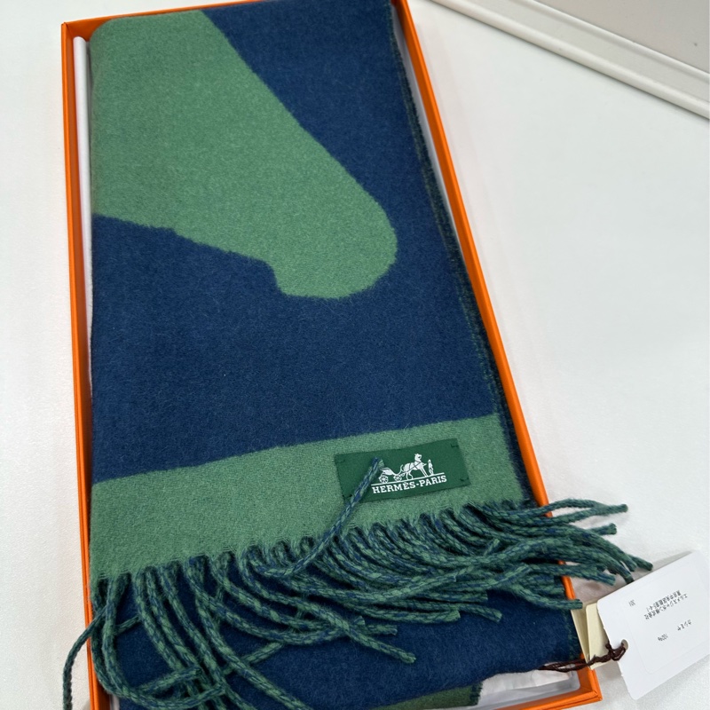 Hermes 愛馬仕羊絨圍巾 拼色馬頭 Casaque Love Story 綠/藍 30*140cm 全新-0