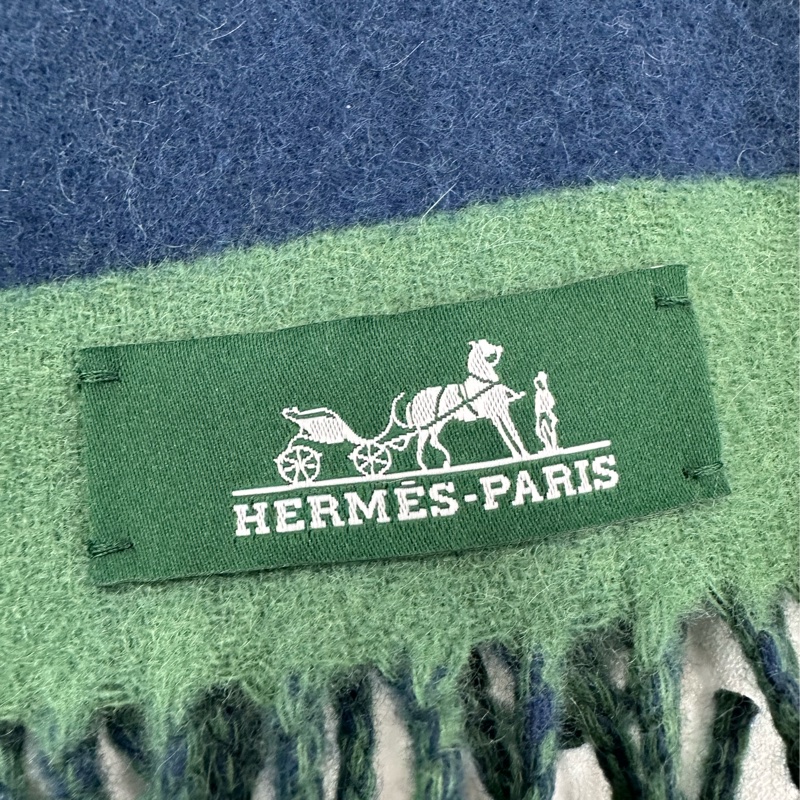 Hermes 愛馬仕羊絨圍巾 拼色馬頭 Casaque Love Story 綠/藍 30*140cm 全新-1