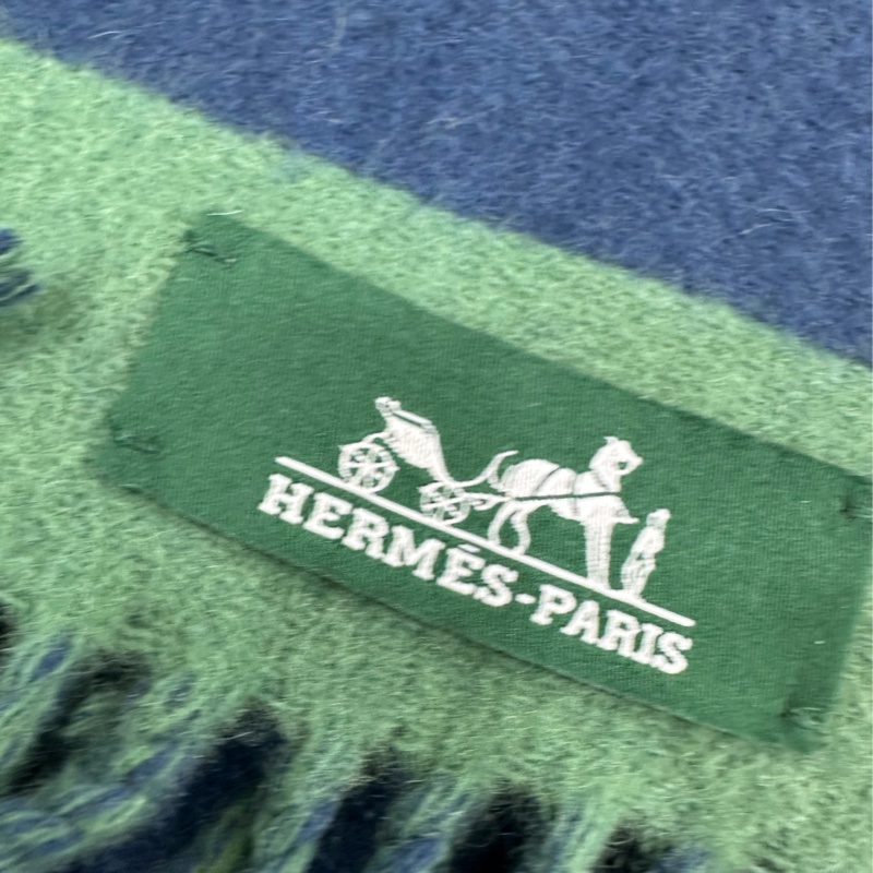 Hermes 愛馬仕羊絨圍巾 拼色馬頭 Casaque Love Story 綠/藍 30*140cm 全新-1