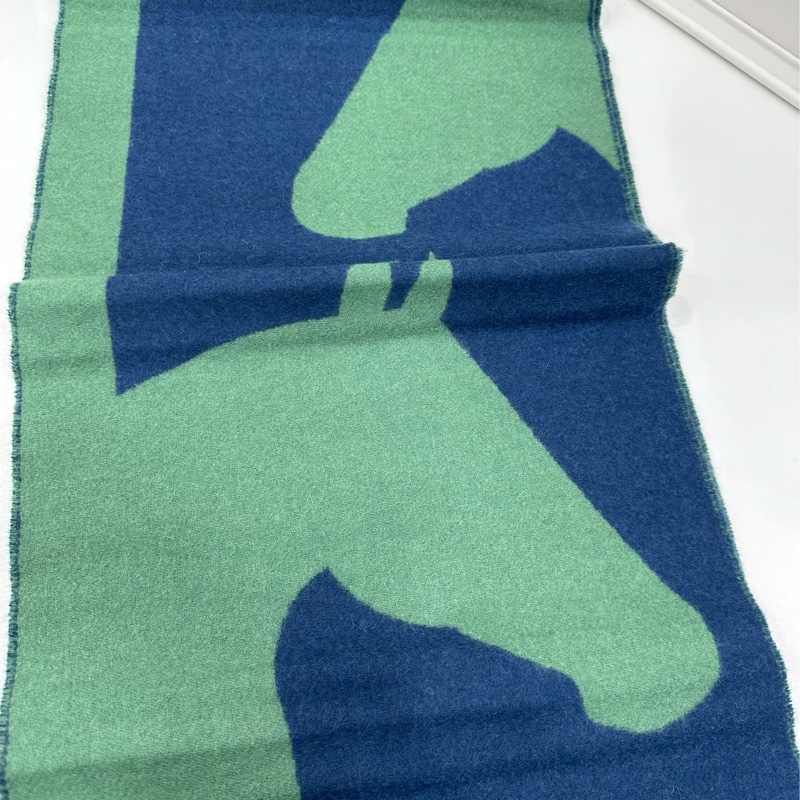 Hermes 愛馬仕羊絨圍巾 拼色馬頭 Casaque Love Story 綠/藍 30*140cm 全新-2