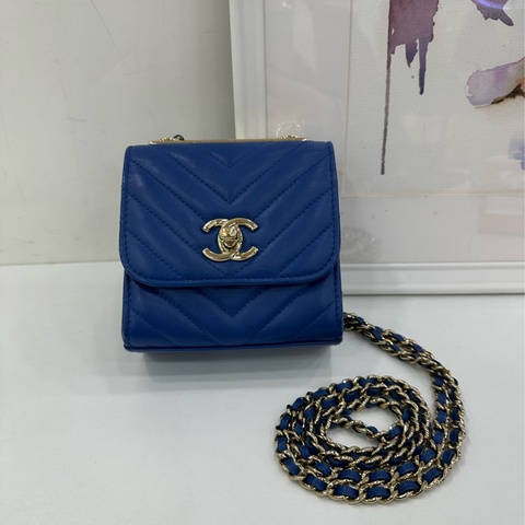 Chanel trendy cc迷你V紋 藍色 小盒子包 鏈條包 單肩包 27開無卡 尺寸11.5x11.5x5cm