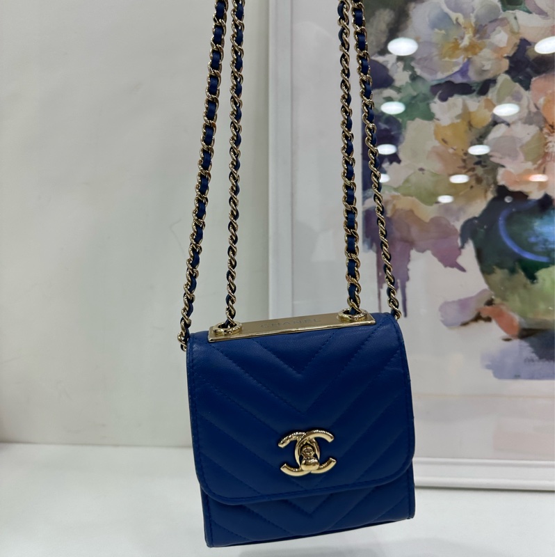 Chanel trendy cc迷你V紋 藍色 小盒子包 鏈條包 單肩包 27開無卡 尺寸11.5x11.5x5cm-7