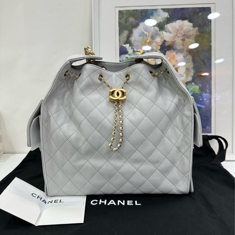 Chanel 香奈兒 25A 25bag hobo單肩包腋下包 荔枝皮 淺灰金 中號 超級火爆 配件 小票