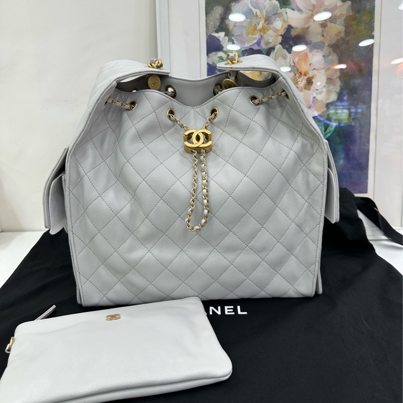 Chanel 香奈兒 25A 25bag hobo單肩包腋下包 荔枝皮 淺灰金 中號 超級火爆 配件 小票-1