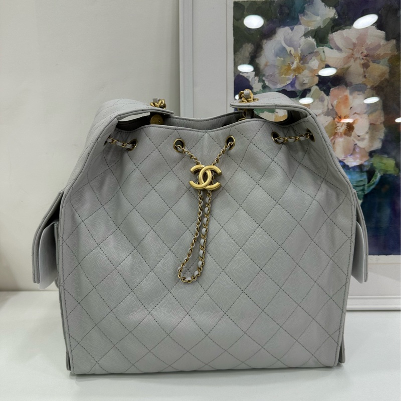 Chanel 香奈兒 25A 25bag hobo單肩包腋下包 荔枝皮 淺灰金 中號 超級火爆 配件 小票-2