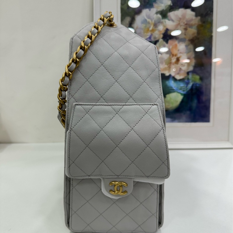 Chanel 香奈兒 25A 25bag hobo單肩包腋下包 荔枝皮 淺灰金 中號 超級火爆 配件 小票-4