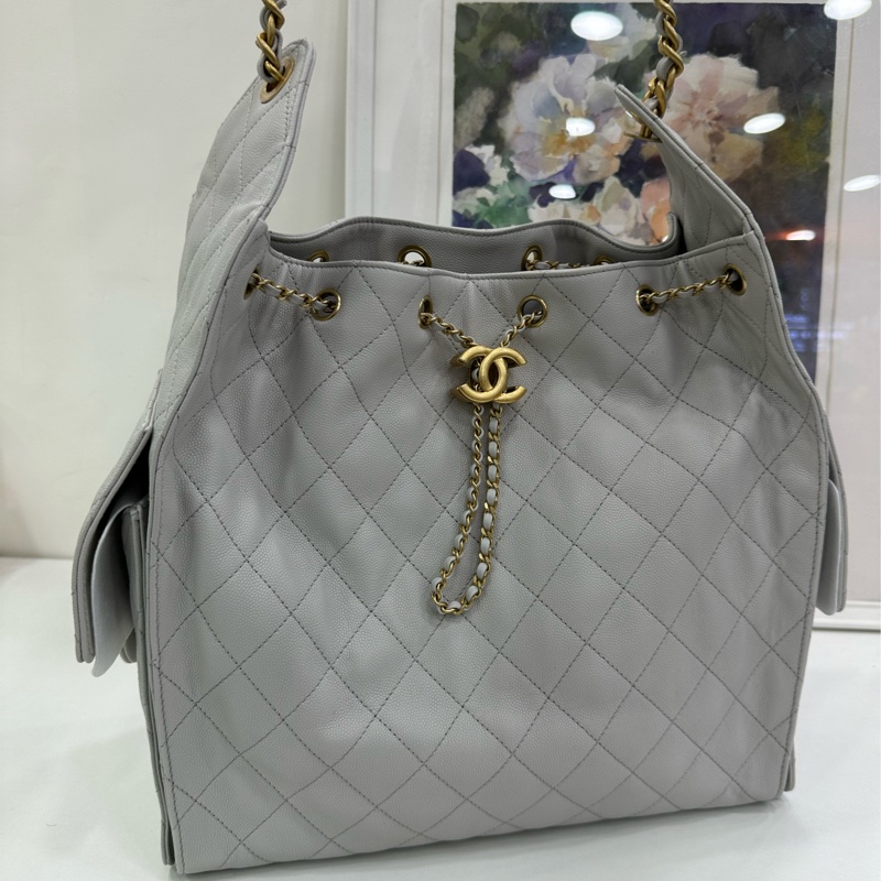 Chanel 香奈兒 25A 25bag hobo單肩包腋下包 荔枝皮 淺灰金 中號 超級火爆 配件 小票-7