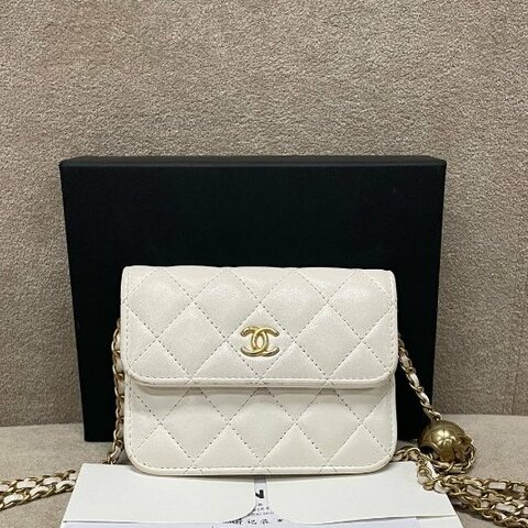 香奈兒/Chanel 小金球白色羊皮零錢鏈條斜背包
