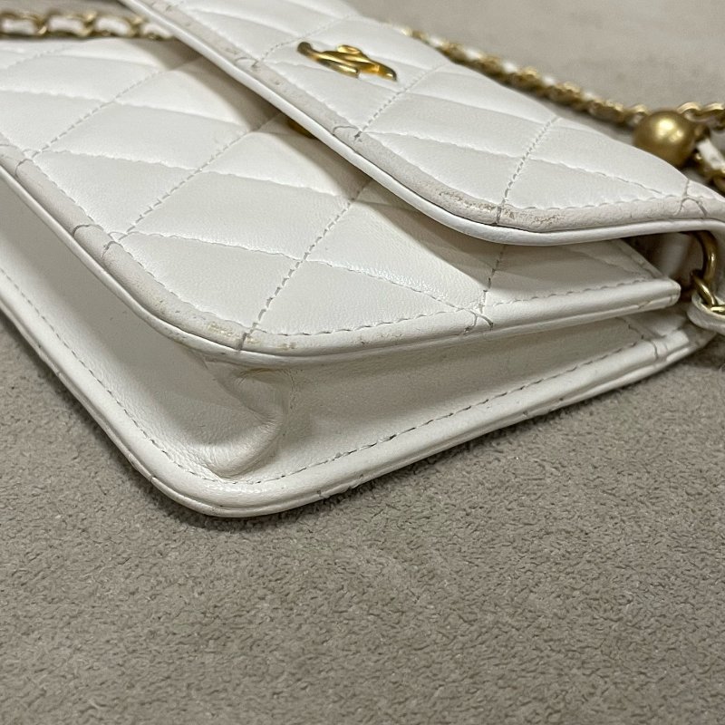 香奈兒/Chanel 小金球白色羊皮零錢鏈條斜背包-9