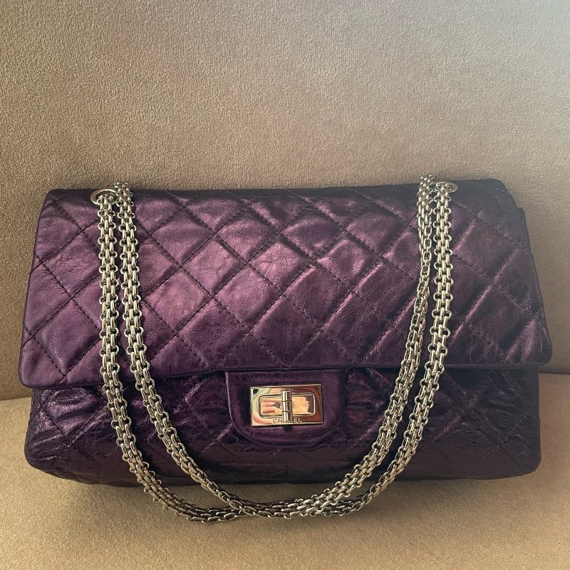 香奈兒/Chanel 2.55電光紫色銀扣大號鏈條包-5