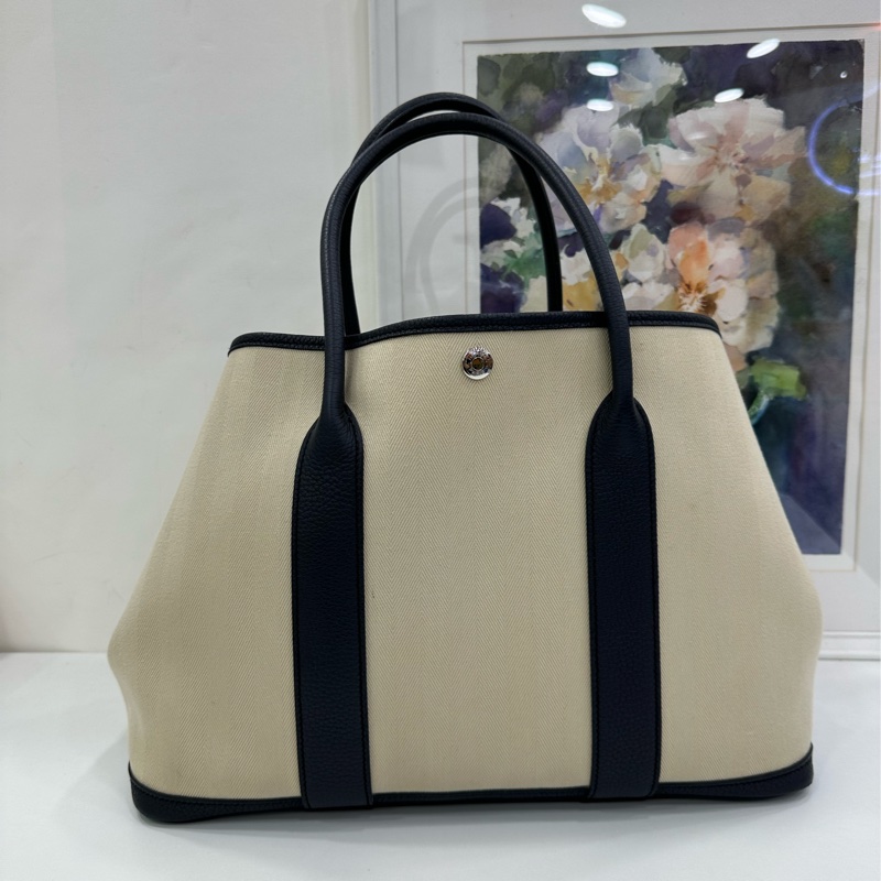 Hermes愛馬仕 Garden Party花園包36米色深藍 D刻-1