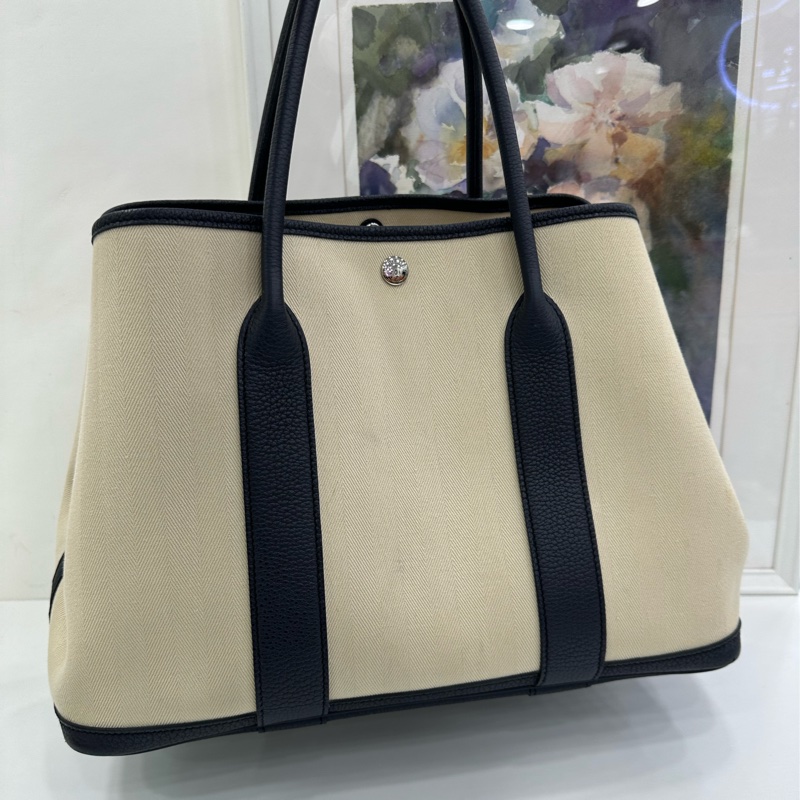 Hermes愛馬仕 Garden Party花園包36米色深藍 D刻-2