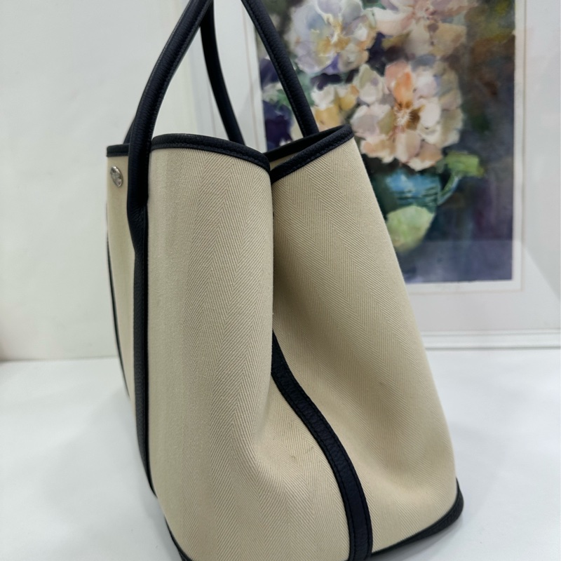 Hermes愛馬仕 Garden Party花園包36米色深藍 D刻-3