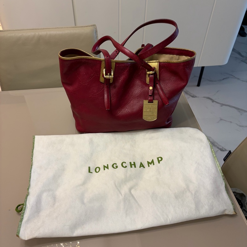 Longchamp暗紅色肩牛皮肩背包-0