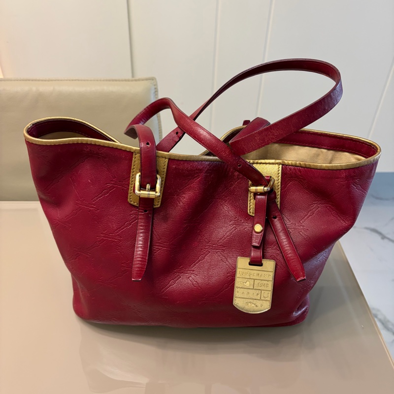 Longchamp暗紅色肩牛皮肩背包-1
