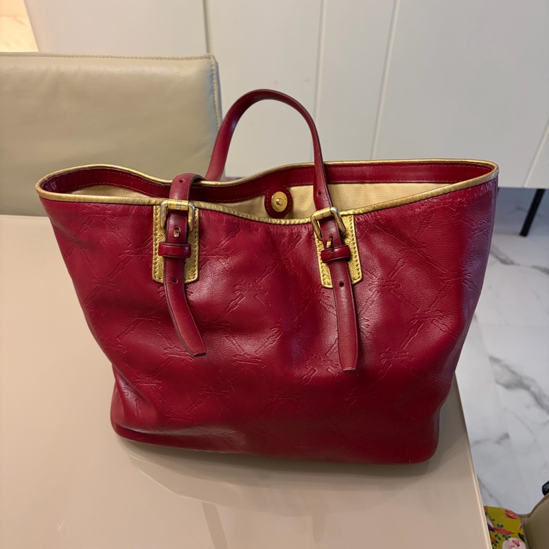 Longchamp暗紅色肩牛皮肩背包-7