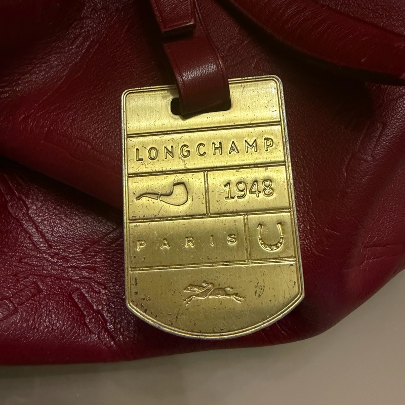 Longchamp暗紅色肩牛皮肩背包-11