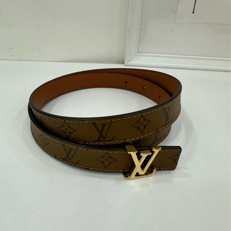 LV 路易威登 雙面 金扣 金棕 老花窄版 女款腰帶 75碼2寬-1