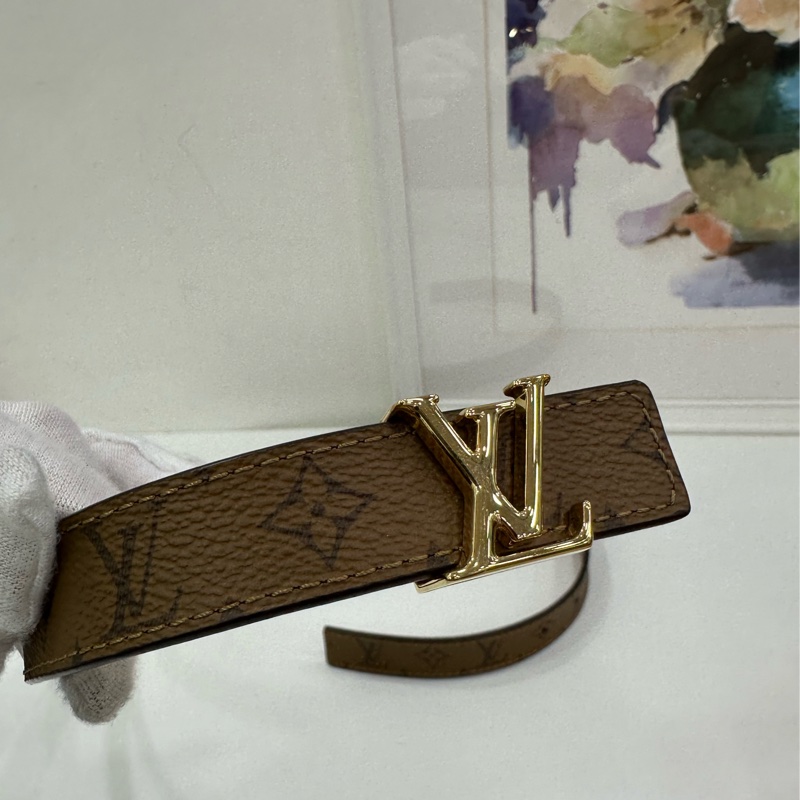 LV 路易威登 雙面 金扣 金棕 老花窄版 女款腰帶 75碼2寬-2