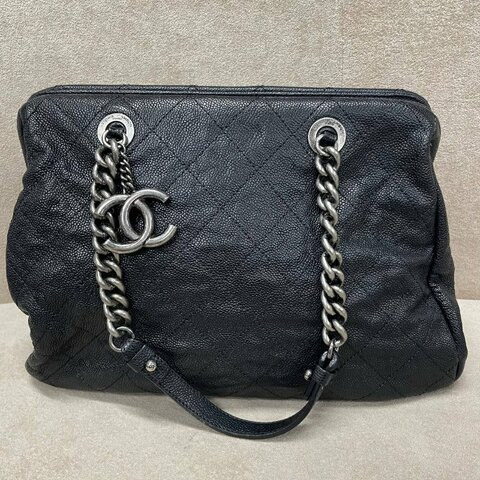 香奈兒/Chanel 黑銀魚子醬荔枝紋牛皮 保齡球托特包