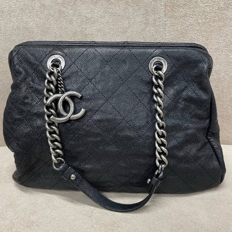 香奈兒/Chanel 黑銀魚子醬荔枝紋牛皮 保齡球托特包-5