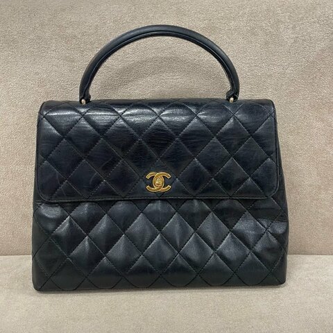 香奈兒/Chanel 黑金亮麵菱格紋牛皮Kelly 手提包