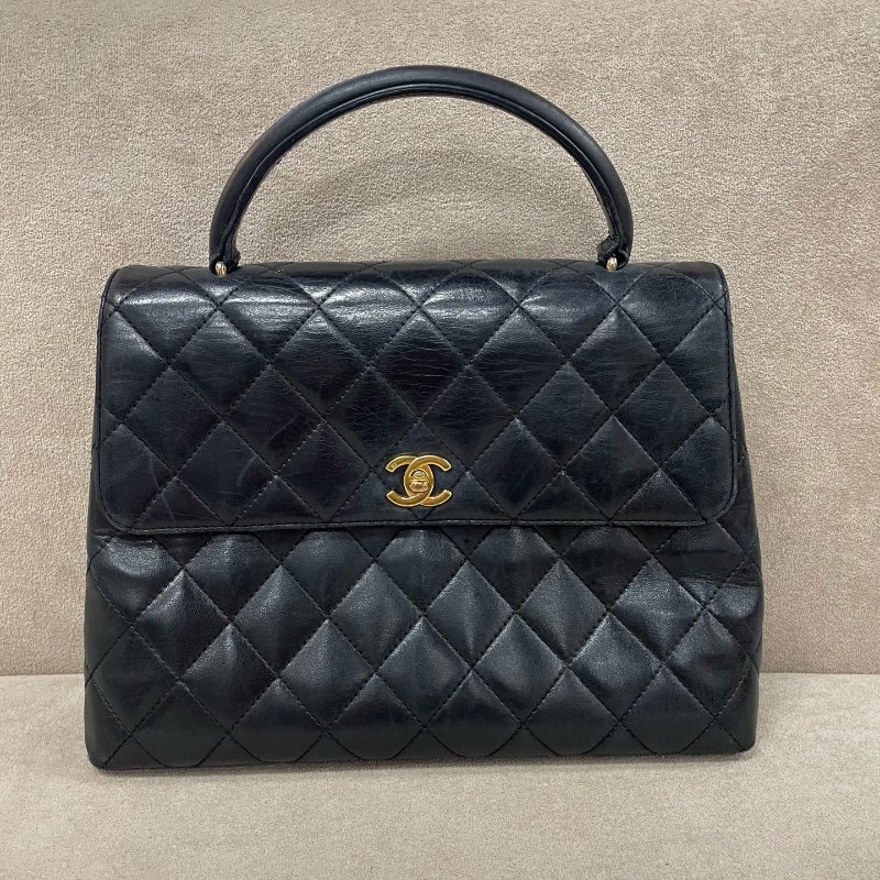 香奈兒/Chanel 黑金亮麵菱格紋牛皮Kelly 手提包-5